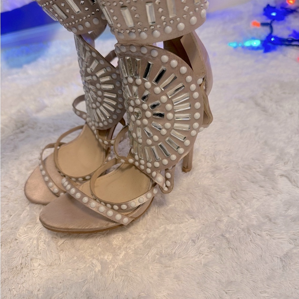 Elegant Beige Studded Women's Heels